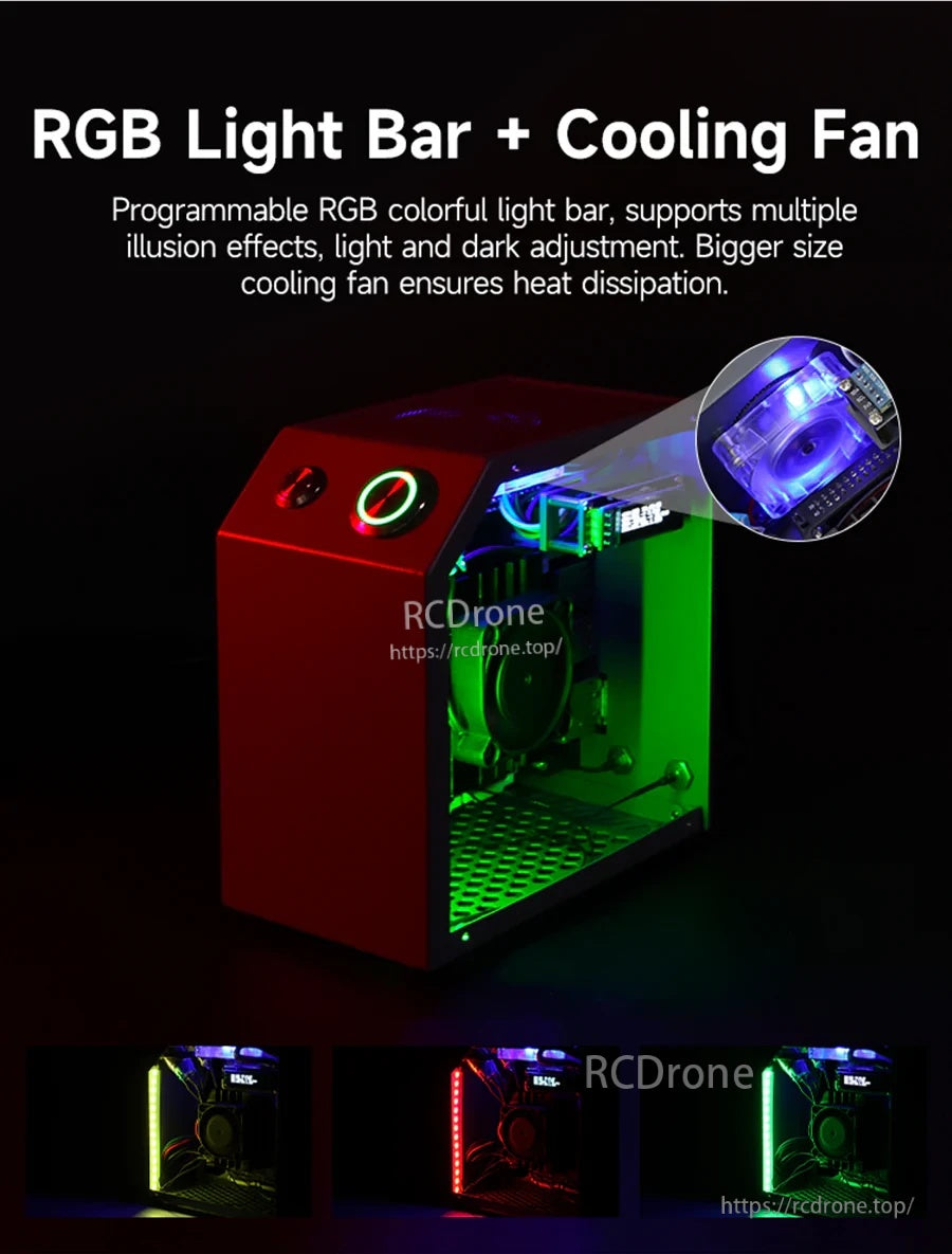 RGB light bar and internal cooling fan lighting effects visible through the acrylic side panel