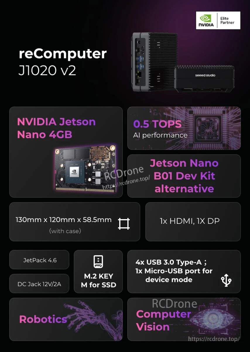 Jetson Nano AI Computer, The NVIDIA Jetson Nano 4GB-powered reComputer J1020 v2 offers 0.5 TOPS AI performance in a compact 130x120x58.5mm design, ideal for robotics and AI applications with HDMI, DisplayPort, USB 3.0, M.2 SSD support, and JetPack 4.6 compatibility.