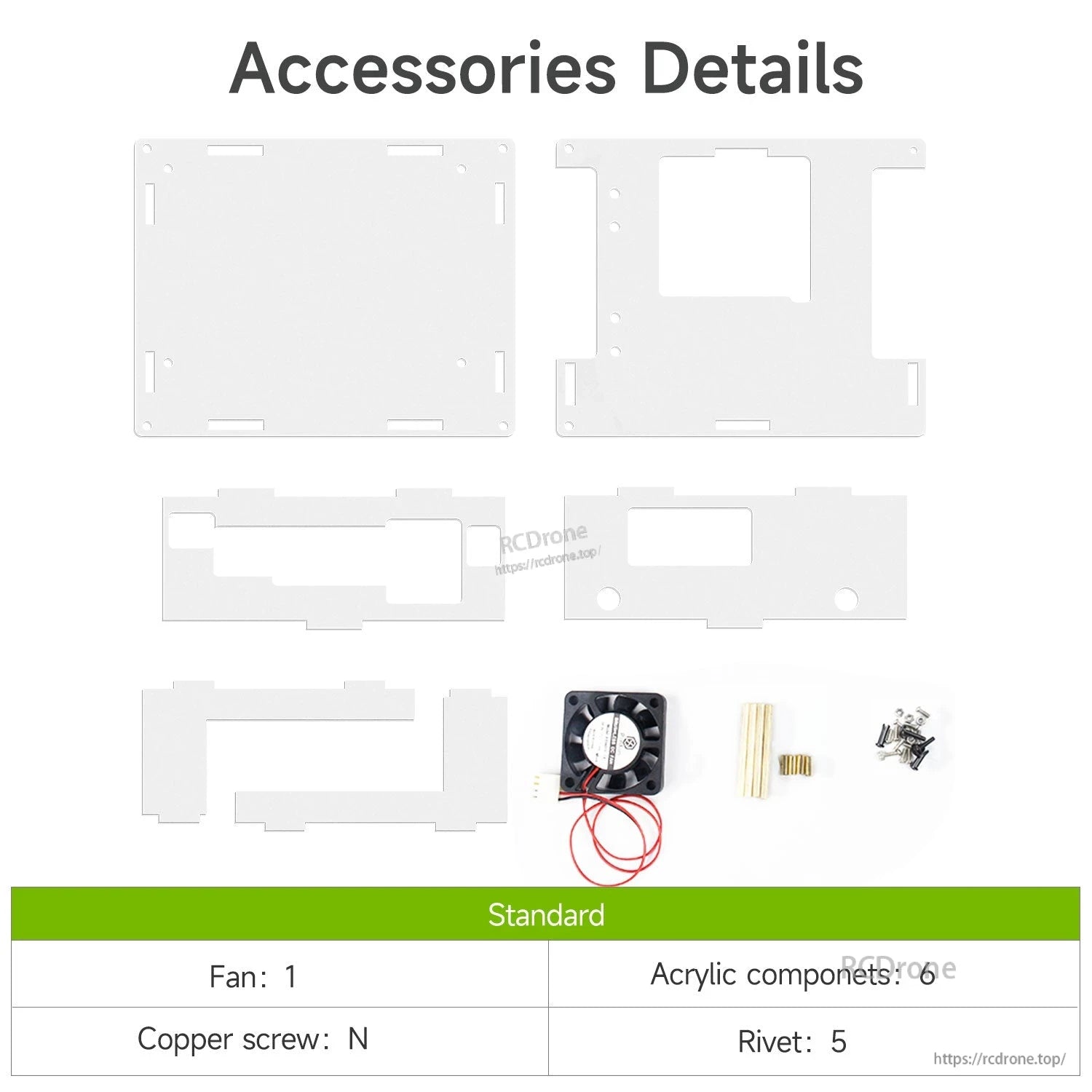Accessories details: clear acrylic panels, cooling fan, brass standoffs, screws and rivets set