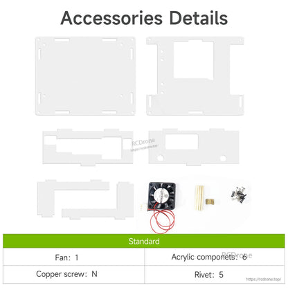 Accessories details: clear acrylic panels, cooling fan, brass standoffs, screws and rivets set