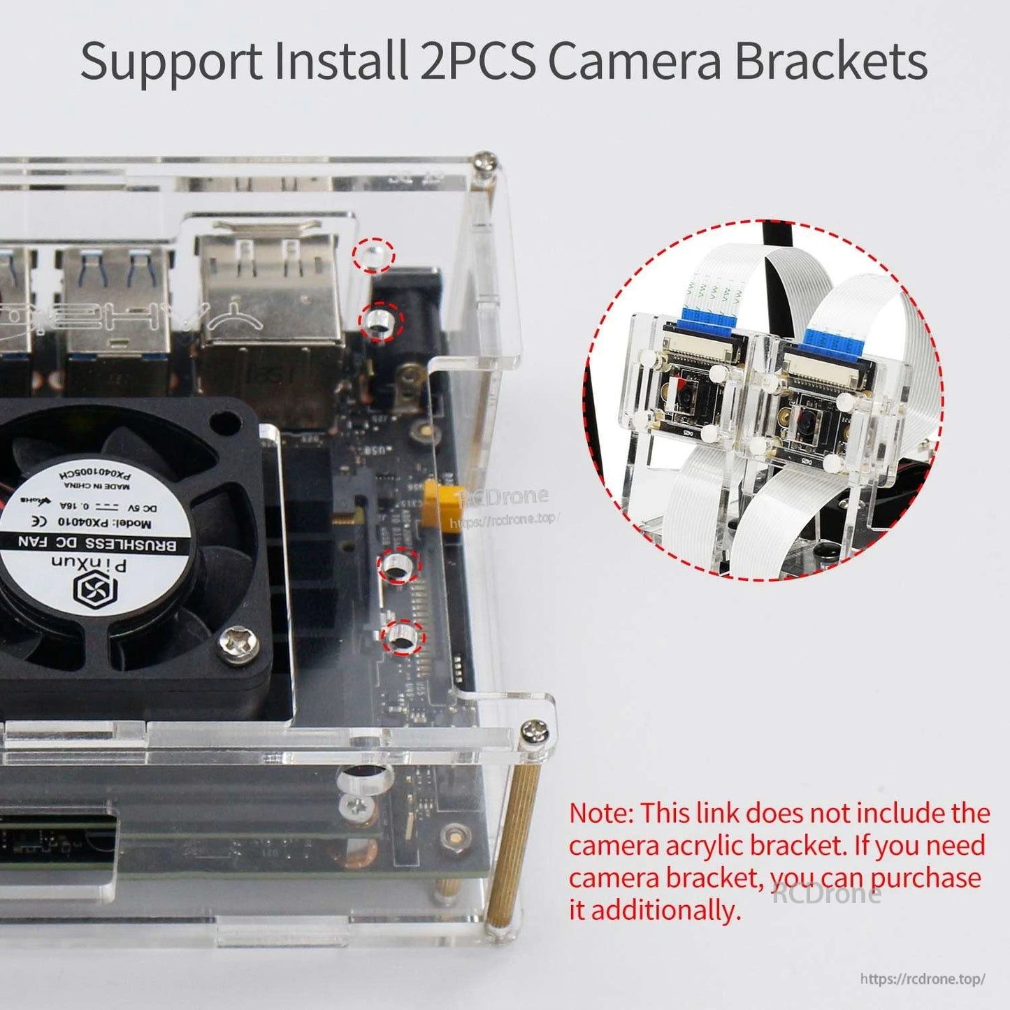 Close-up showing mounting points for installing two camera brackets on the acrylic case (brackets not included)