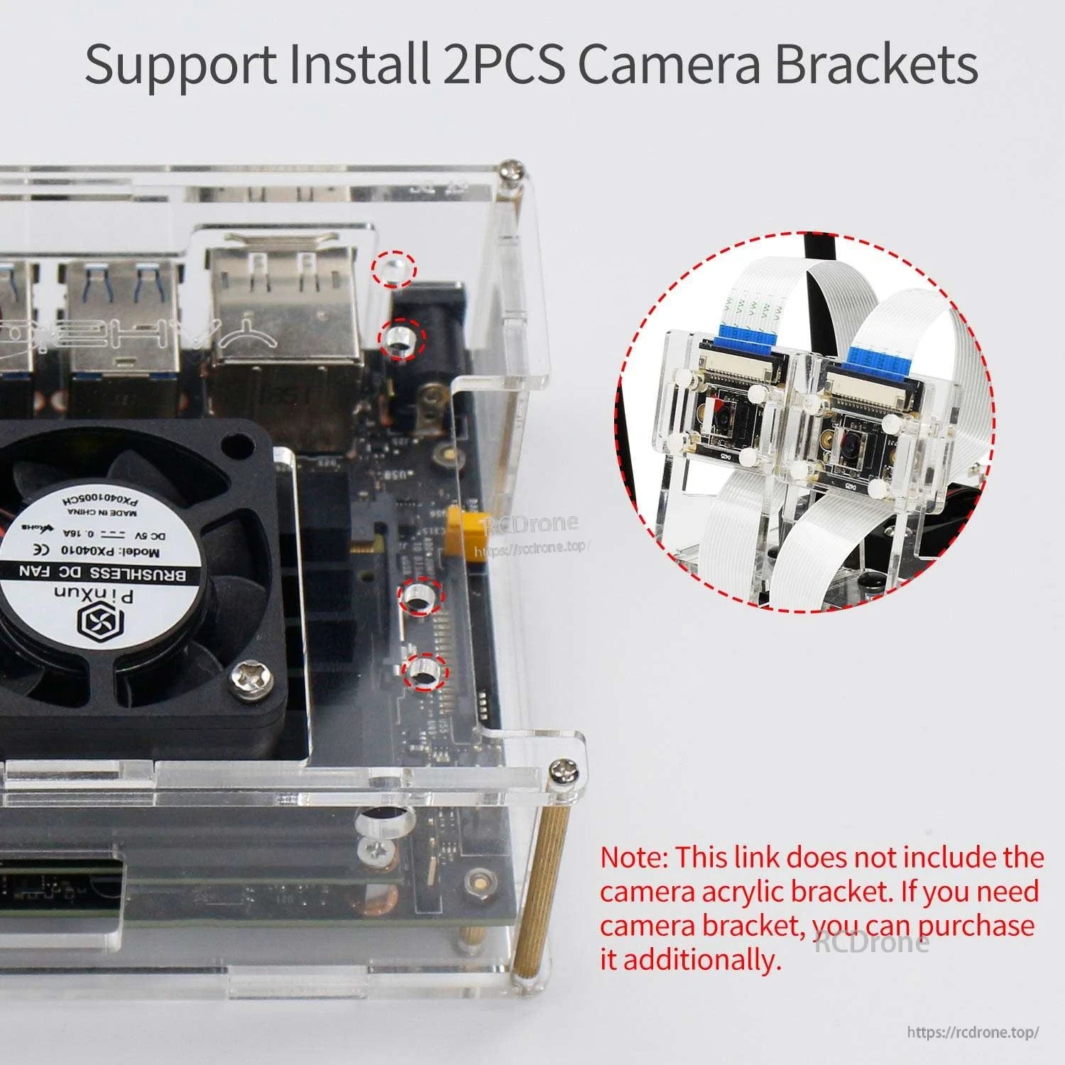 Close-up showing mounting points for installing two camera brackets on the acrylic case (brackets not included)