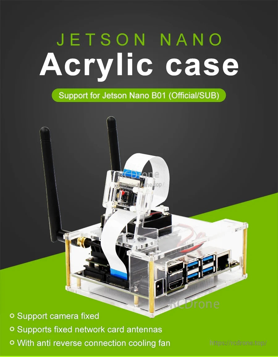 Jetson Nano acrylic case assembled on the board with clear panels, fan mount, and antenna cutouts