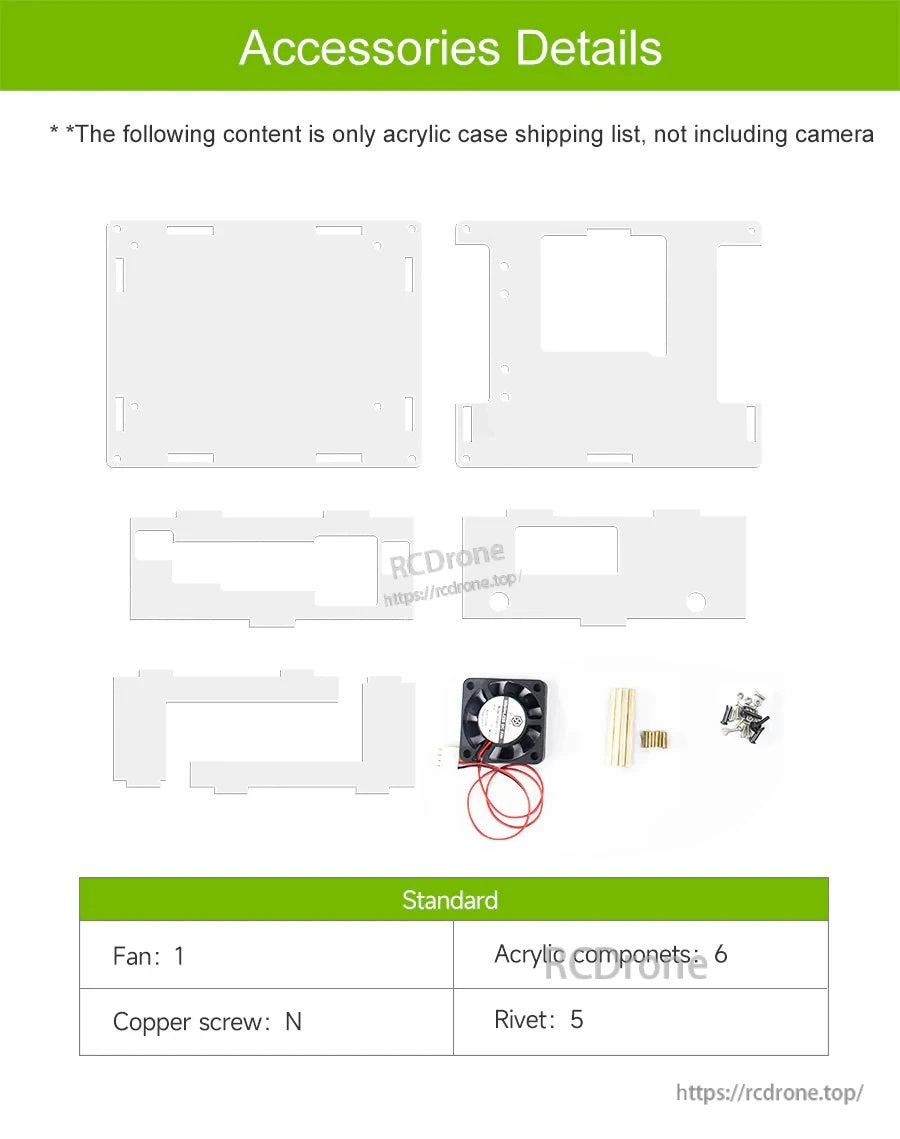 Included parts layout: six acrylic panels, cooling fan, copper standoffs/screws, and rivets (camera bracket not included)