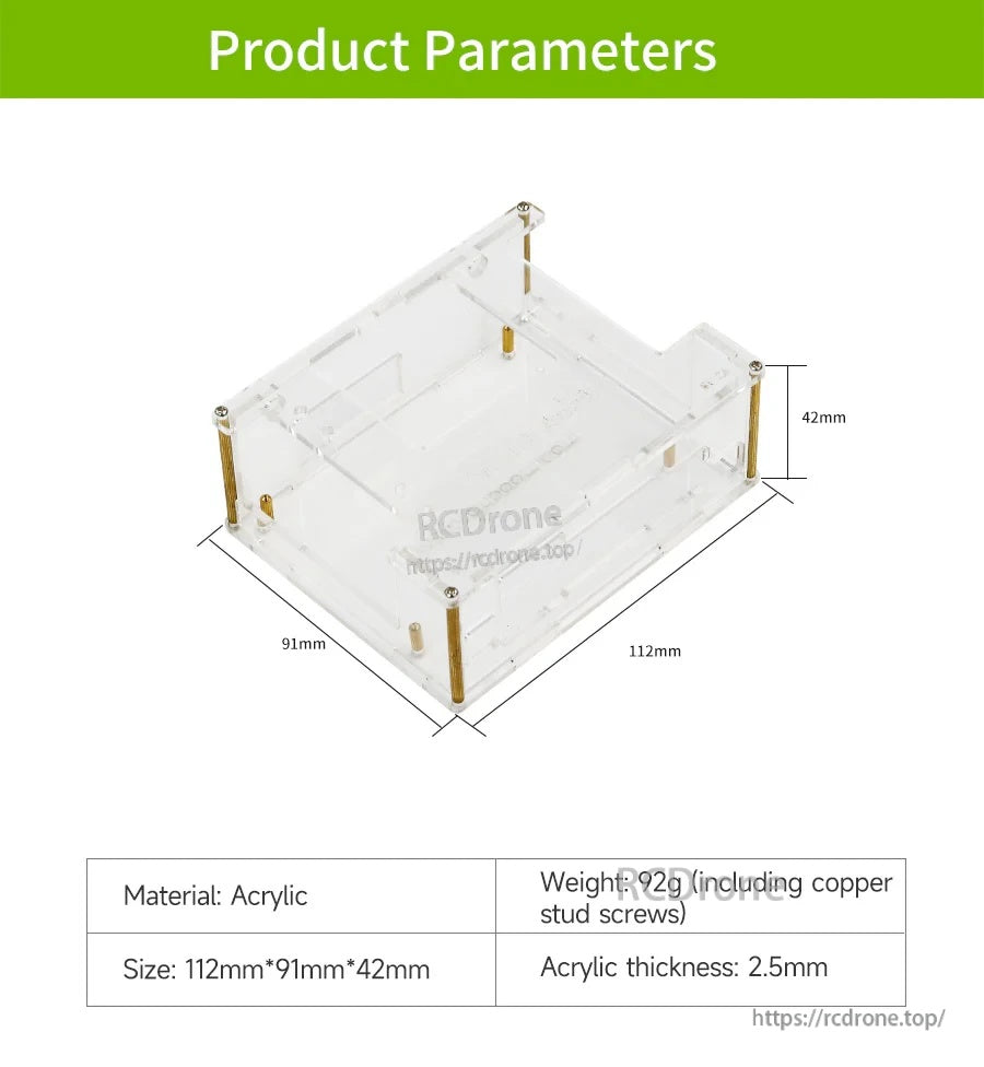 Jetson Nano acrylic case dimensions diagram: 112 x 91 x 42 mm, 2.5 mm acrylic thickness, 92 g with screws