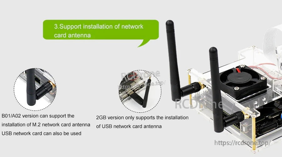 Antenna mounting support details for network card antennas on B01/A02 and USB network antenna on 2GB version