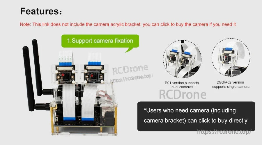 Camera fixation support on the acrylic enclosure; dual-camera support for B01 and single-camera for 2GB/A02