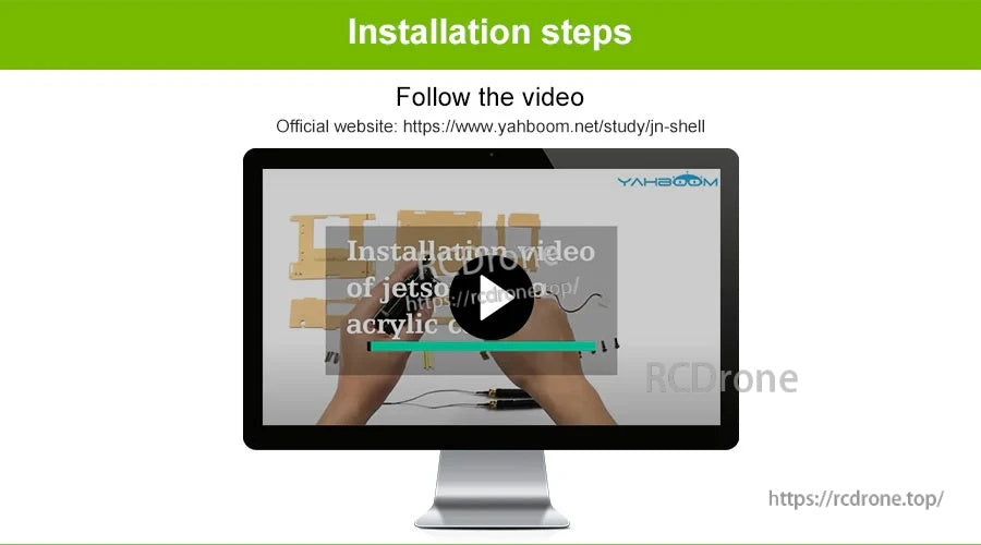 Installation steps graphic with video preview for assembling the Jetson Nano acrylic case
