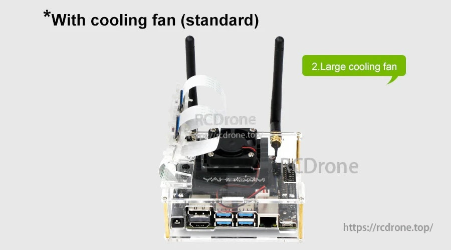 Rear view of the acrylic enclosure with included cooling fan position and aligned port openings