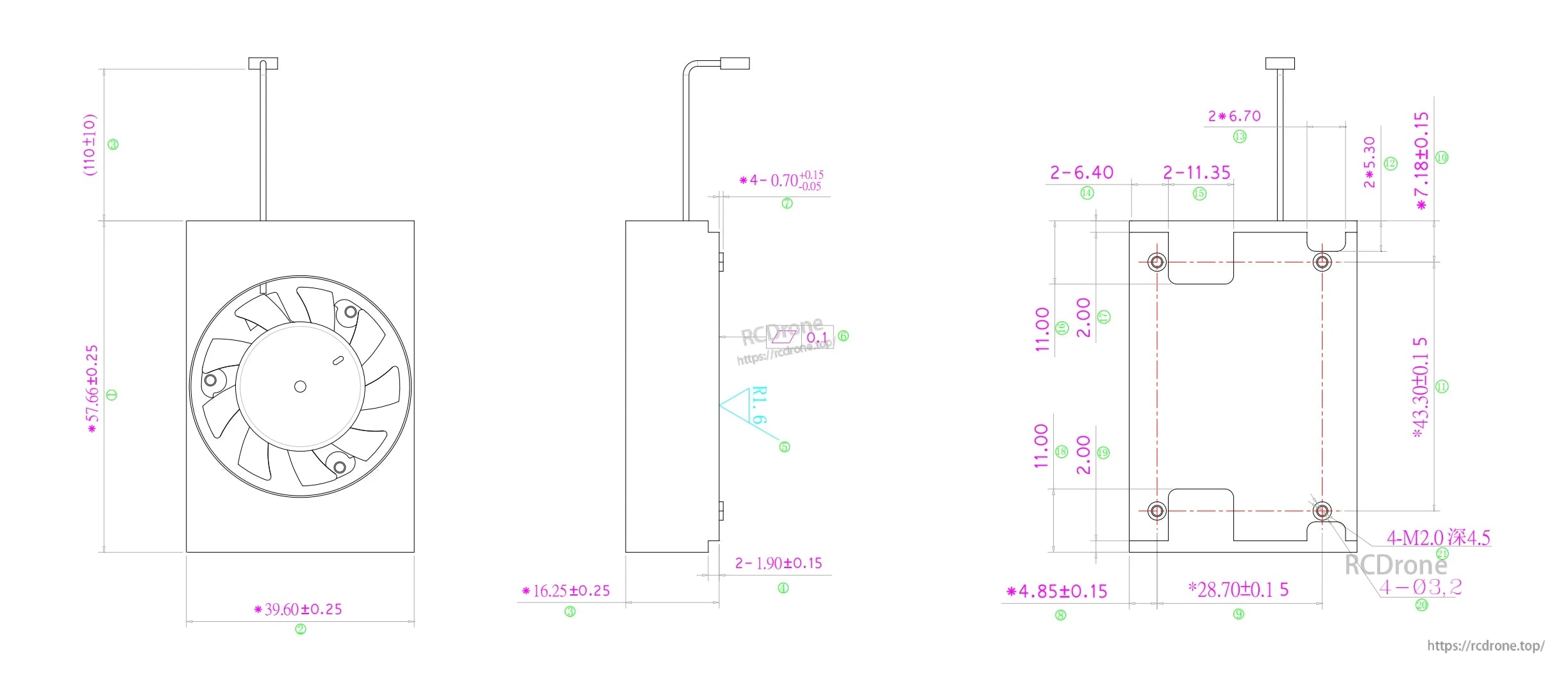 Jetson Orin cooling fan measures 57.66×39.60×110 mm, uses M2.0 screws, has mounting holes, and precise tolerances for secure installation.