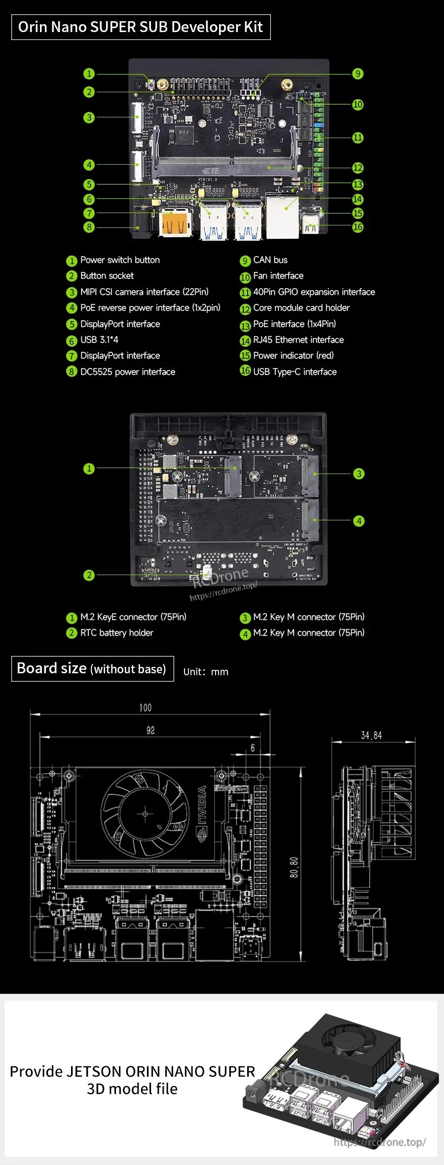 Top and bottom view of NVIDIA Jetson Orin Nano SUPER developer kit showing ports, headers, and fan connector layout