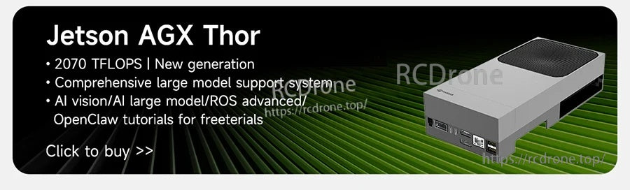Promo banner for Jetson AGX Thor with TFLOPS highlights and front I/O ports on compact case