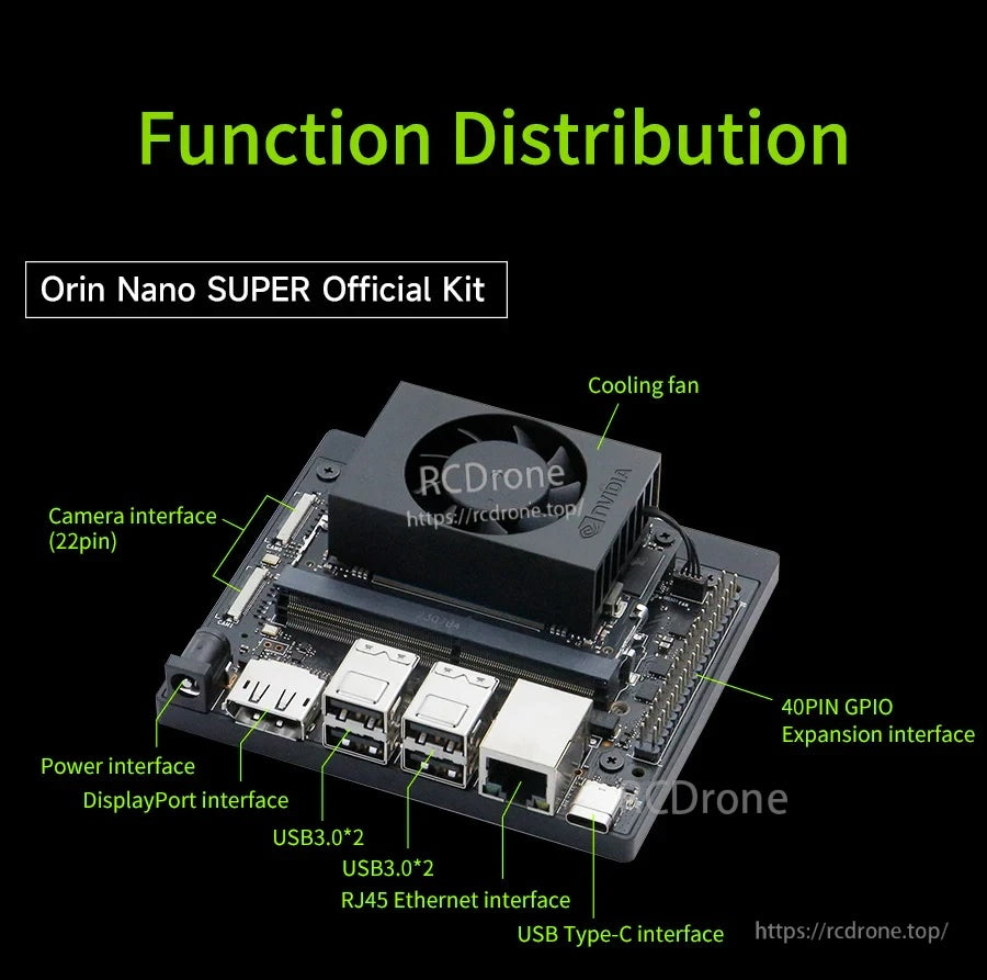 NVIDIA Jetson Orin Nano SUPER dev kit board with fan, 40-pin GPIO, USB-C, dual USB 3.0, RJ45, DP and camera port