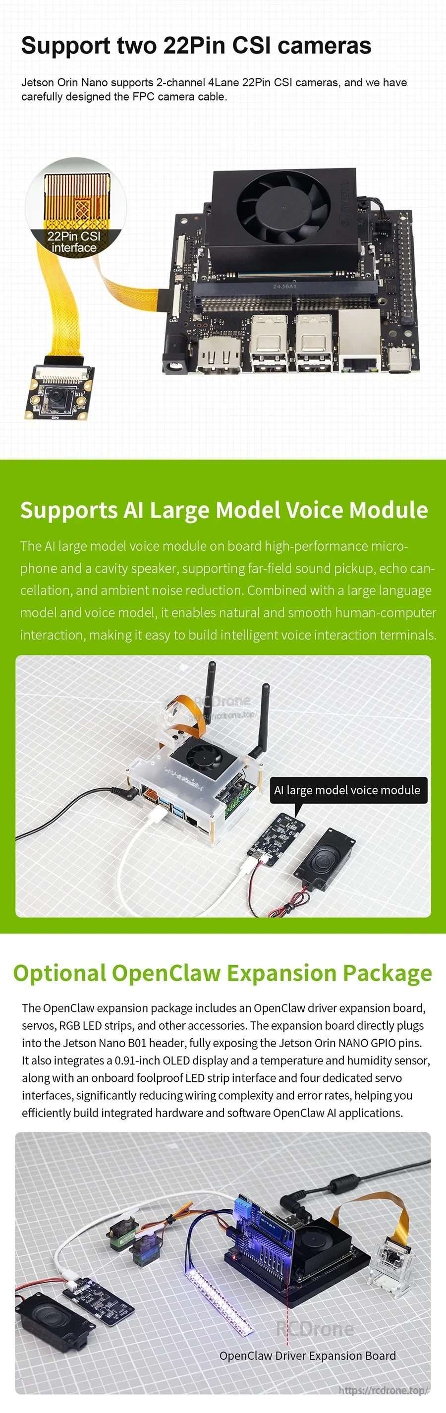 NVIDIA Jetson Orin Nano developer kit board with cooling fan, dual 22-pin CSI camera support and expansion module setup