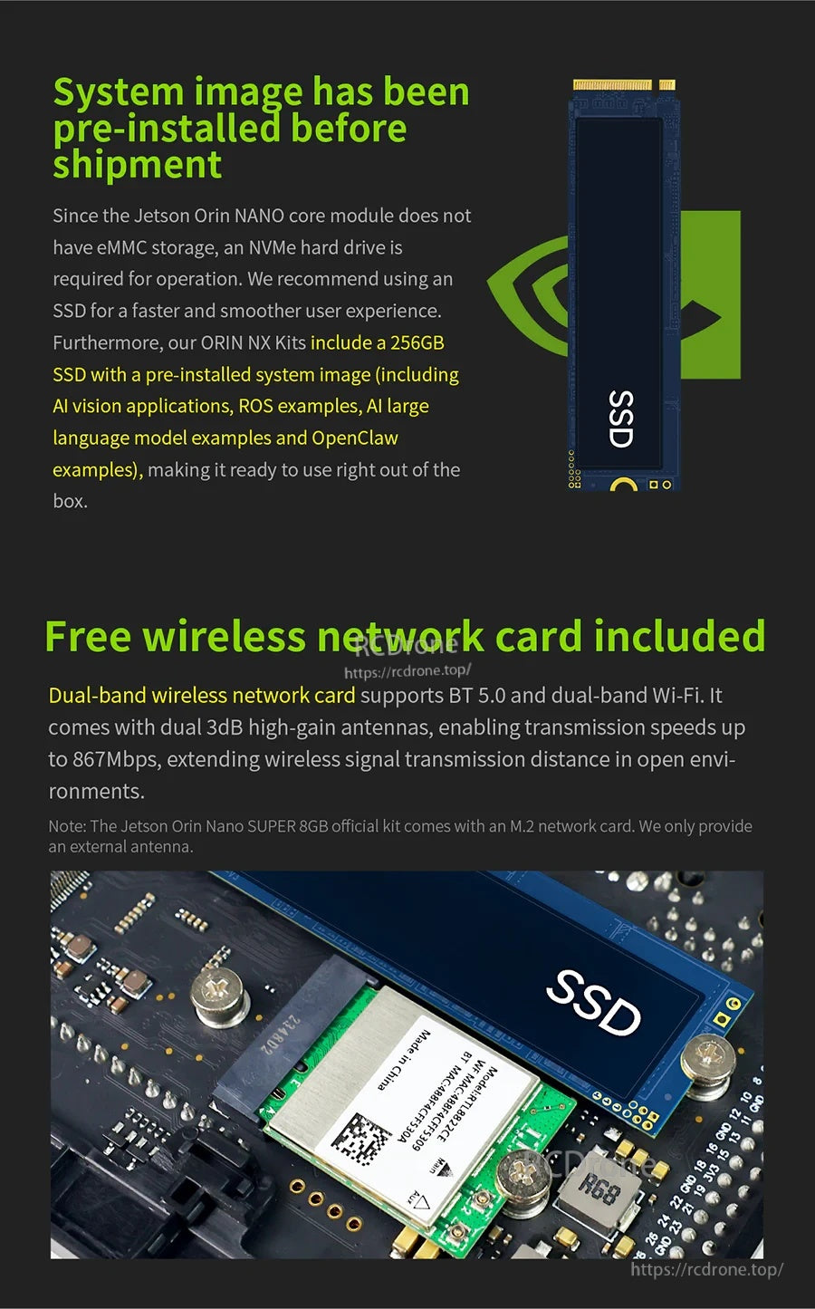 256GB M.2 SSD with pre-written system image and included dual-band Wi‑Fi/Bluetooth card with antennas