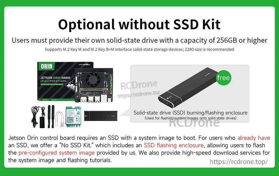 Optional kit version without SSD, including SSD flashing enclosure and notes about supplying your own NVMe drive