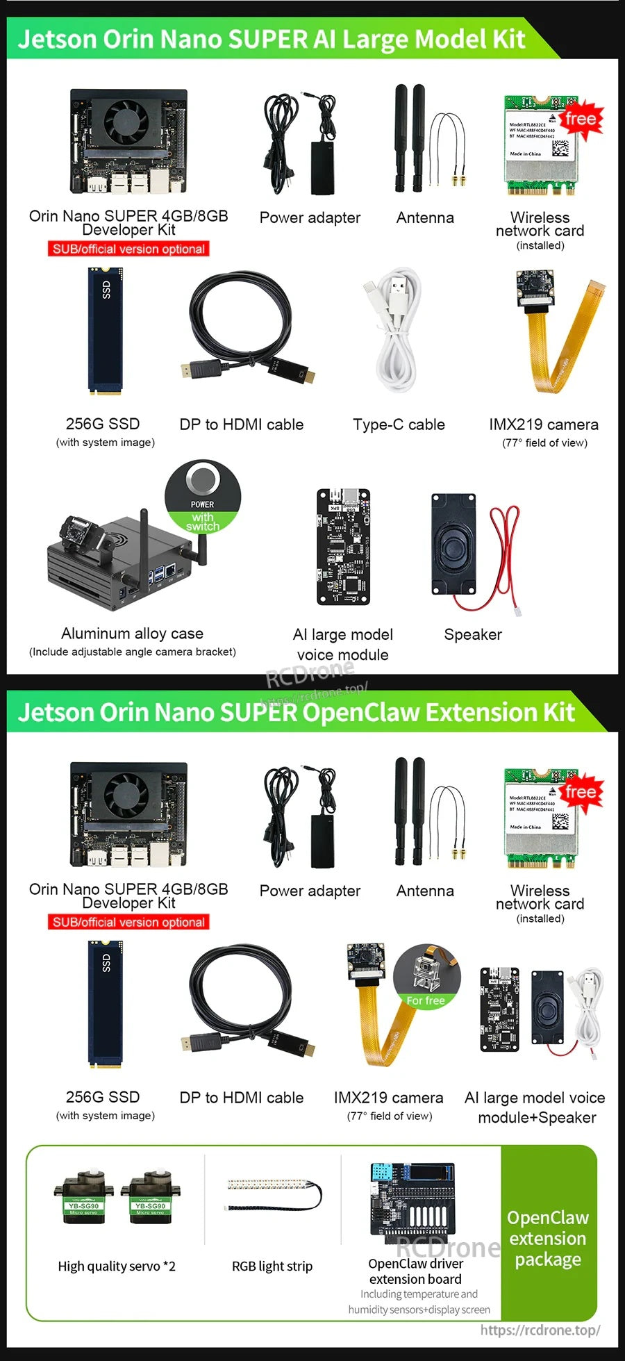 NVIDIA Jetson Orin Nano SUPER developer kit bundles with power adapter, antennas, 256GB SSD, cables and IMX219 camera