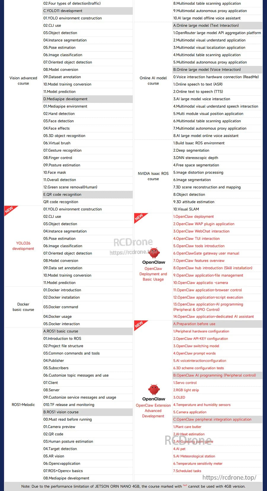 Detailed syllabus page listing OpenCV, YOLO, and ROS lesson modules and development topics