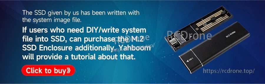 Banner showing an M.2 SSD and USB enclosure with note about writing the system image file to the SSD