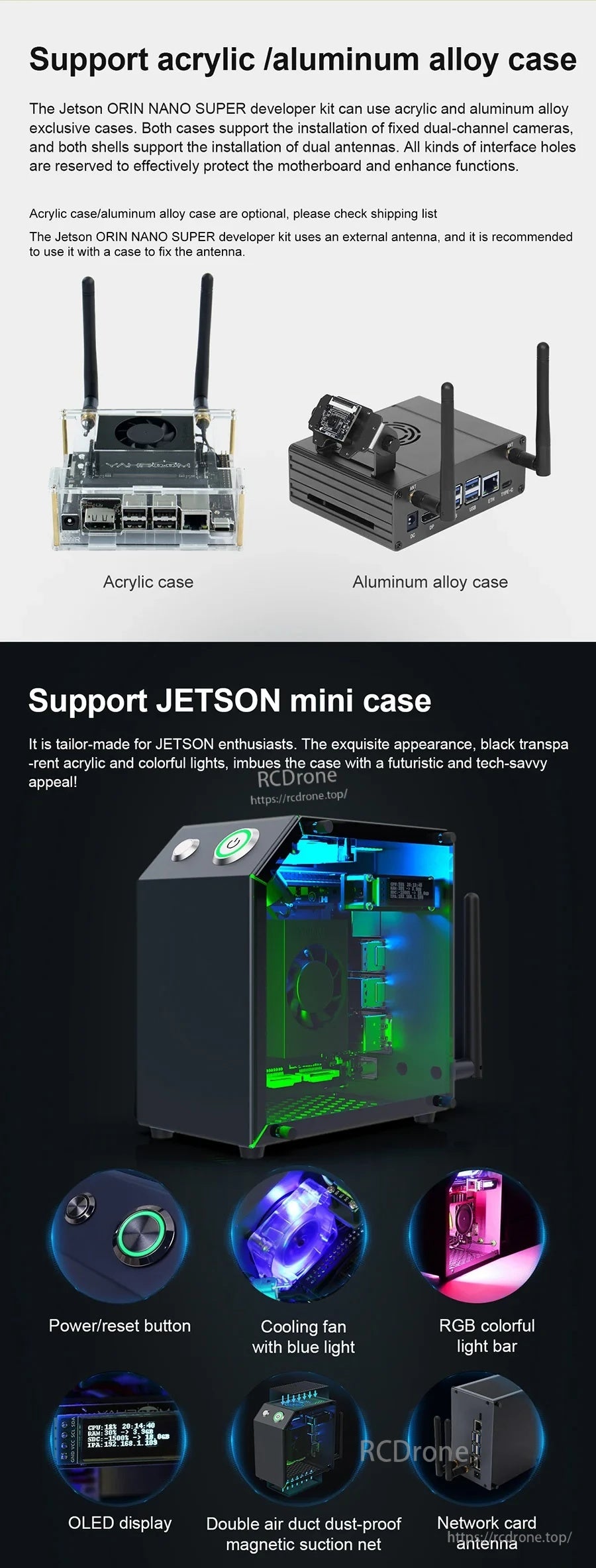 Acrylic and aluminum alloy mini case options for NVIDIA Jetson Orin Nano SUPER, with fan, RGB and OLED panel