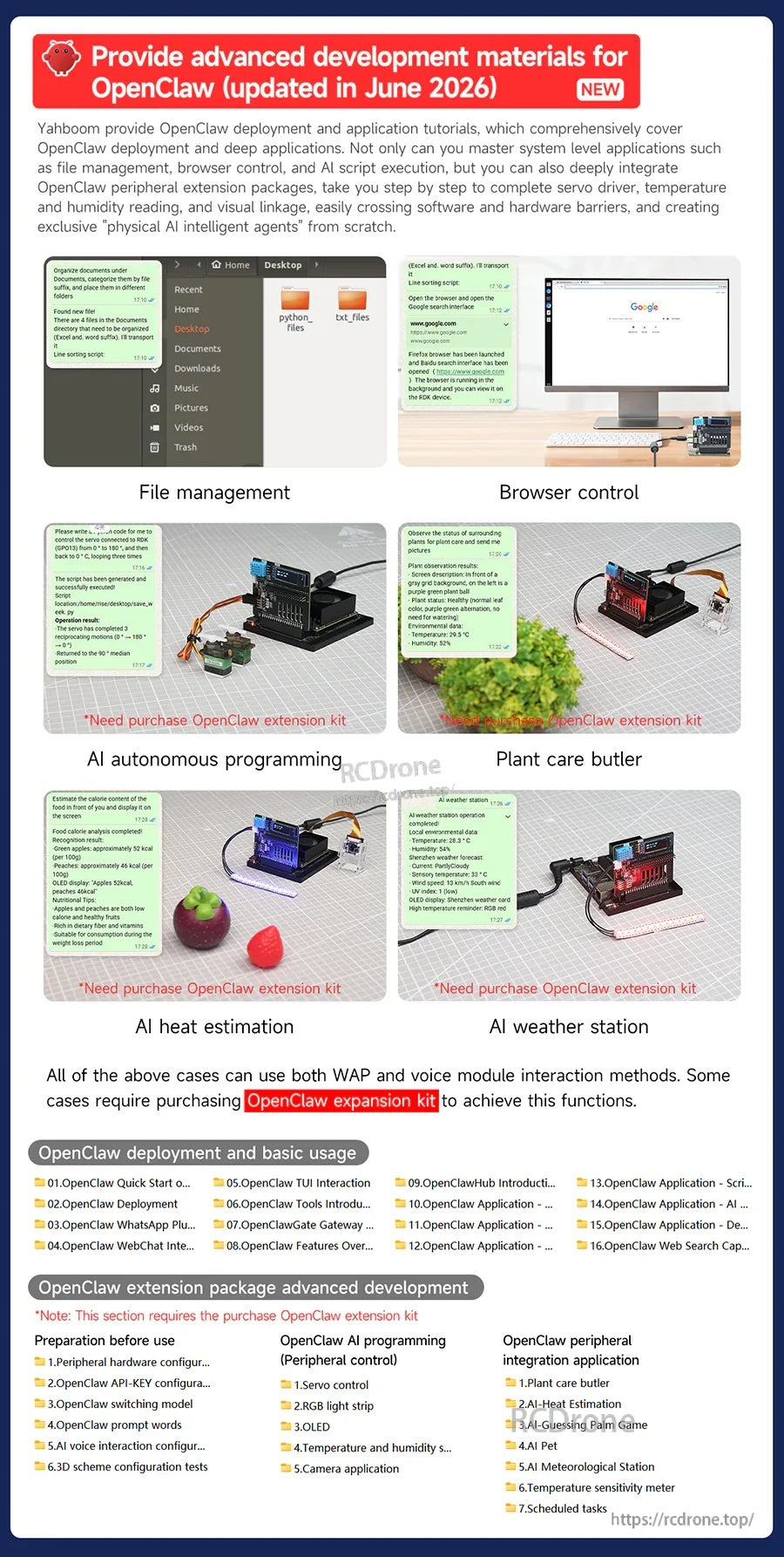 OpenClaw advanced development materials showing browser control, plant care tasks, and expansion pack notes