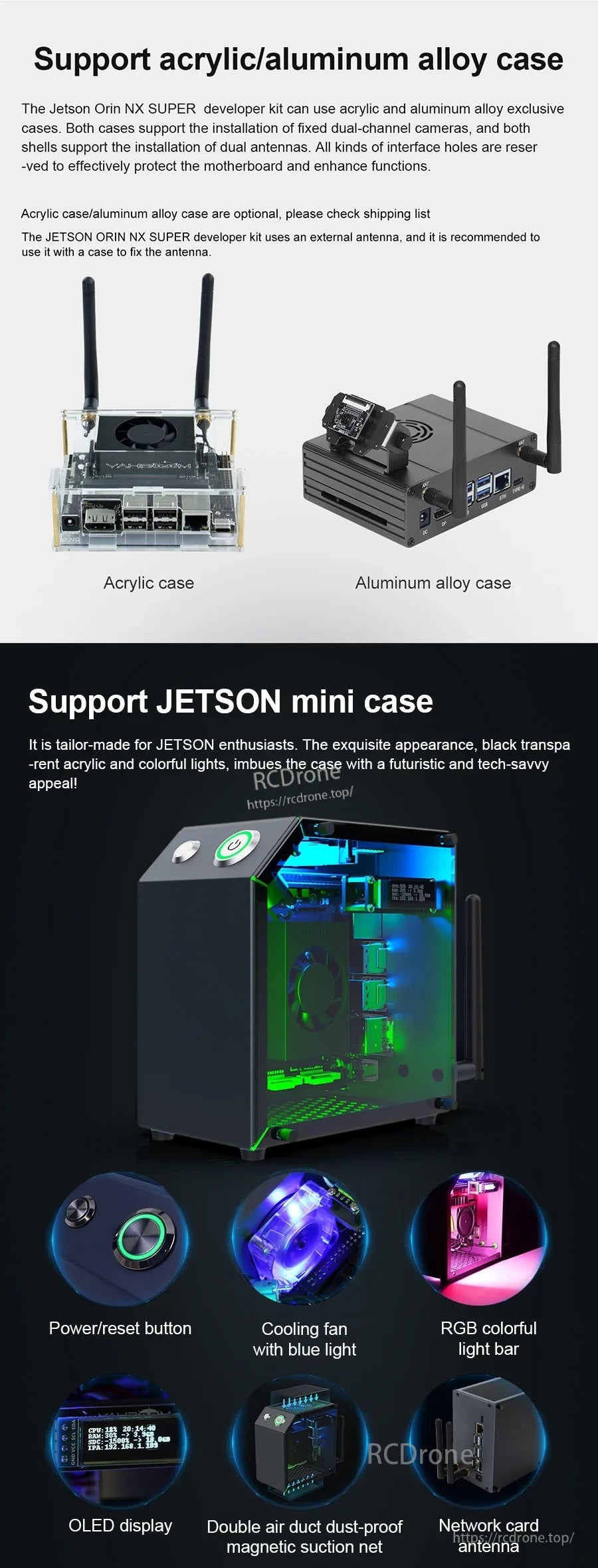 Acrylic and aluminum alloy case options with Jetson mini case featuring RGB light bar, fan, and OLED display
