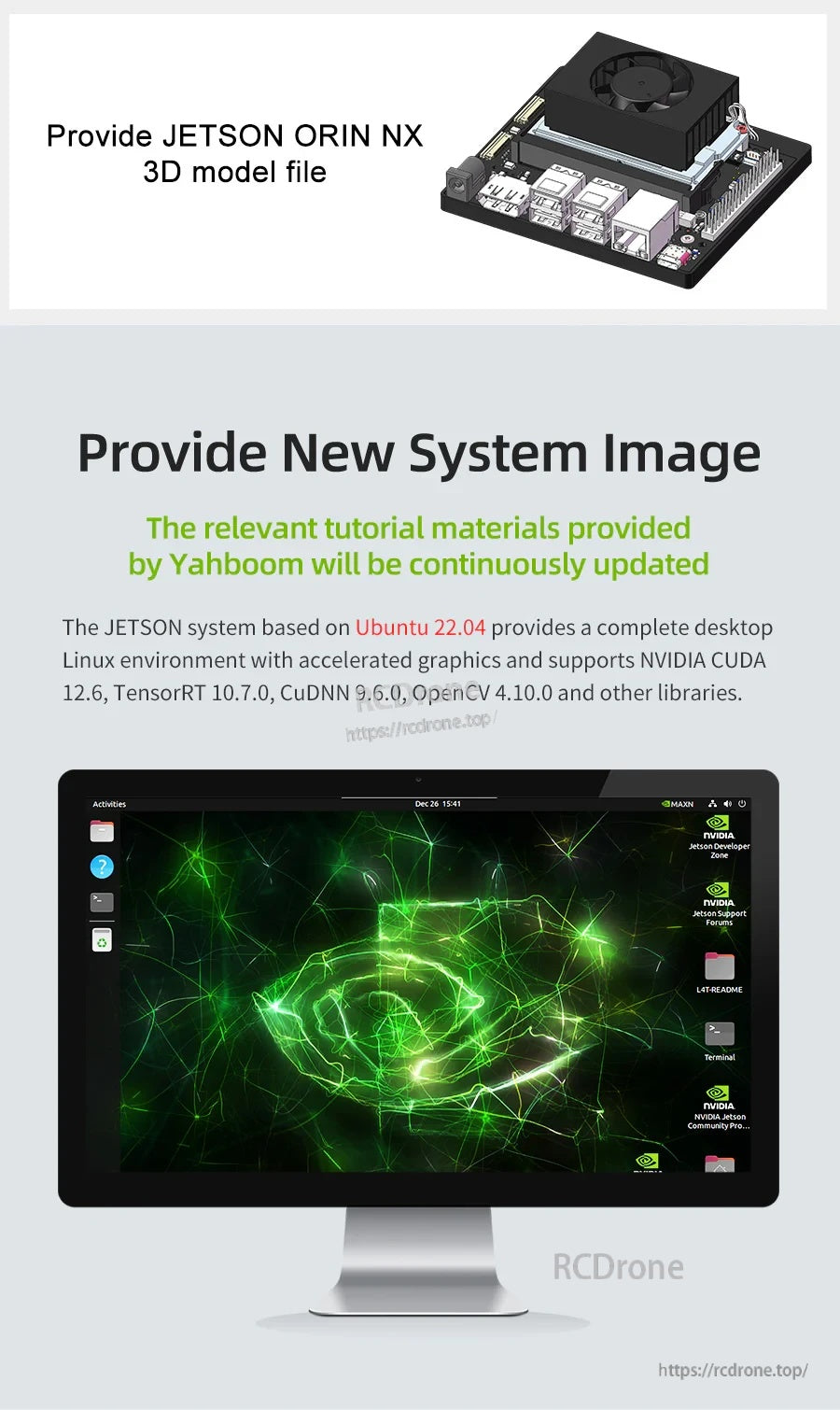 Graphic for Yahboom Jetson Orin NX kit noting Ubuntu 22.04 system image with CUDA 12.6, TensorRT 10.7 and OpenCV.