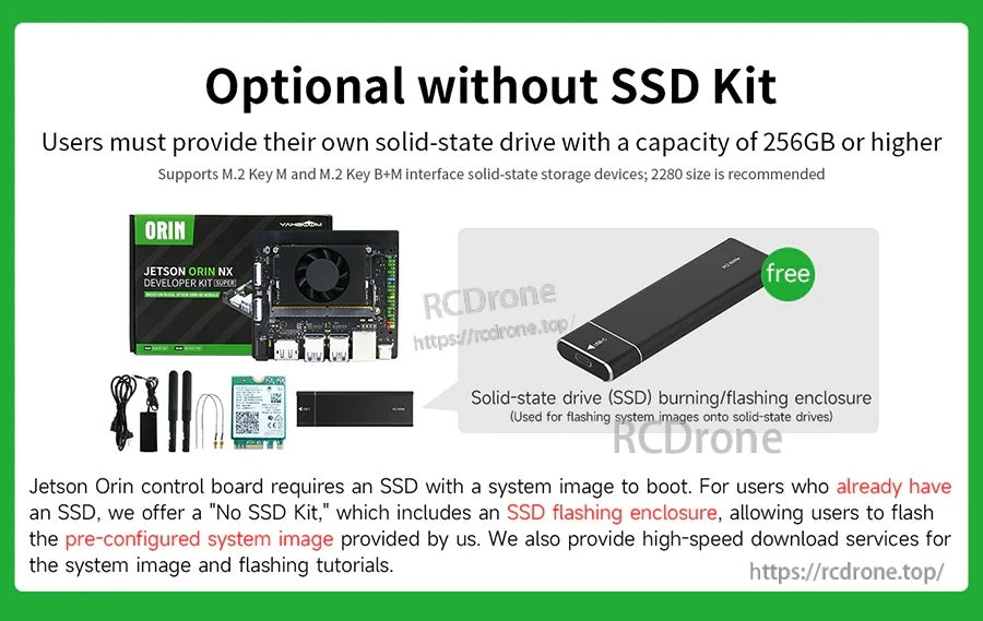 Optional kit without SSD showing included flashing enclosure for writing the system image to your own drive