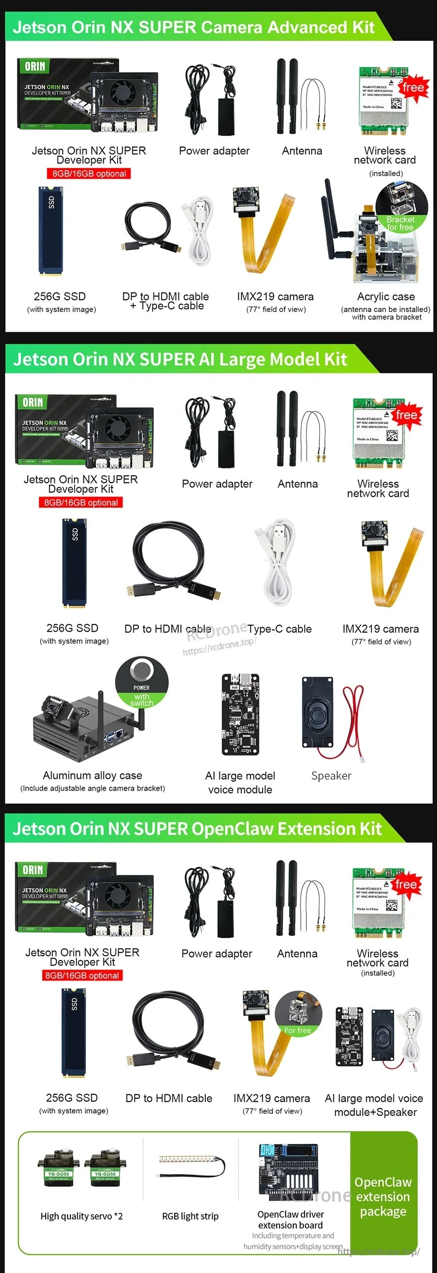 Yahboom Jetson Orin NX SUPER developer kit bundles with power adapter, antenna, SSD, cables, and IMX219 cameras