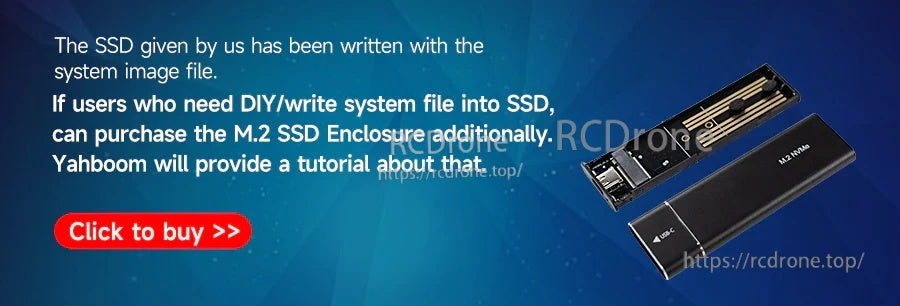 M.2 SSD enclosure product banner for DIY system image writing, with click-to-buy callout