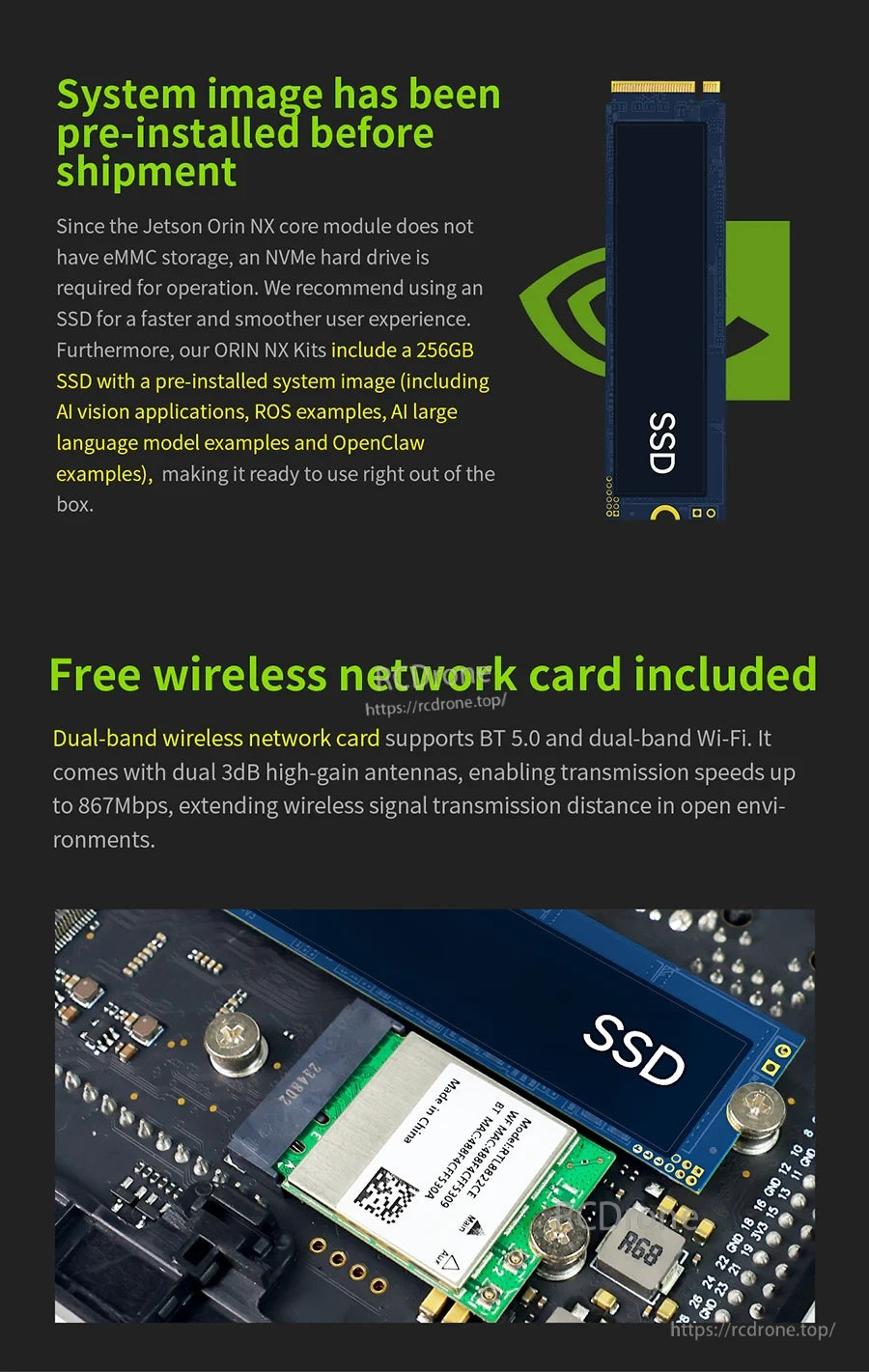 256GB M.2 SSD with pre-installed system image plus dual-band Wi‑Fi/BT card and antennas