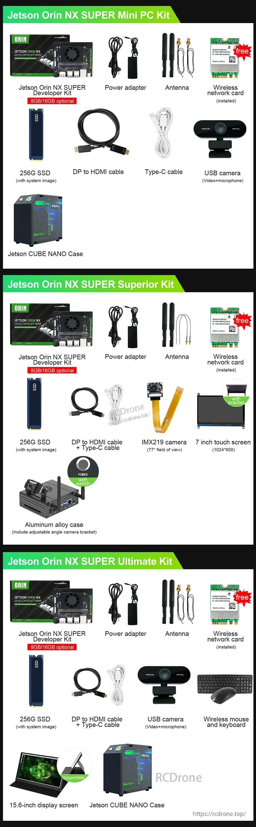 Yahboom Jetson Orin NX SUPER developer kit bundles showing Mini PC, Superior and Ultimate options with SSD, camera and cables