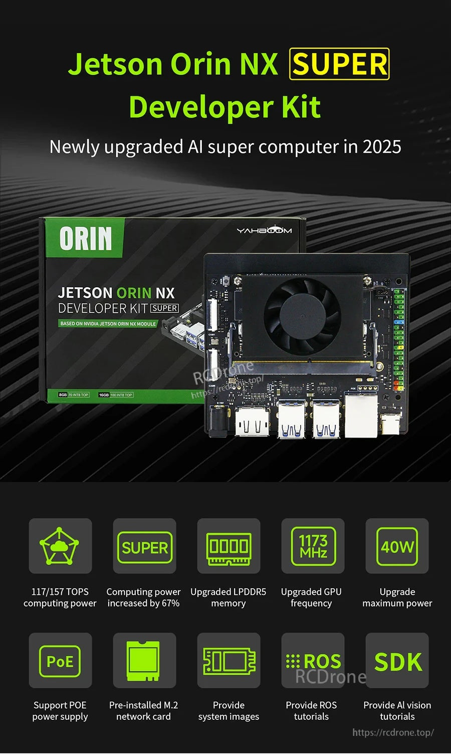 Yahboom Jetson Orin NX SUPER Developer Kit on carrier board with cooling fan and feature icons