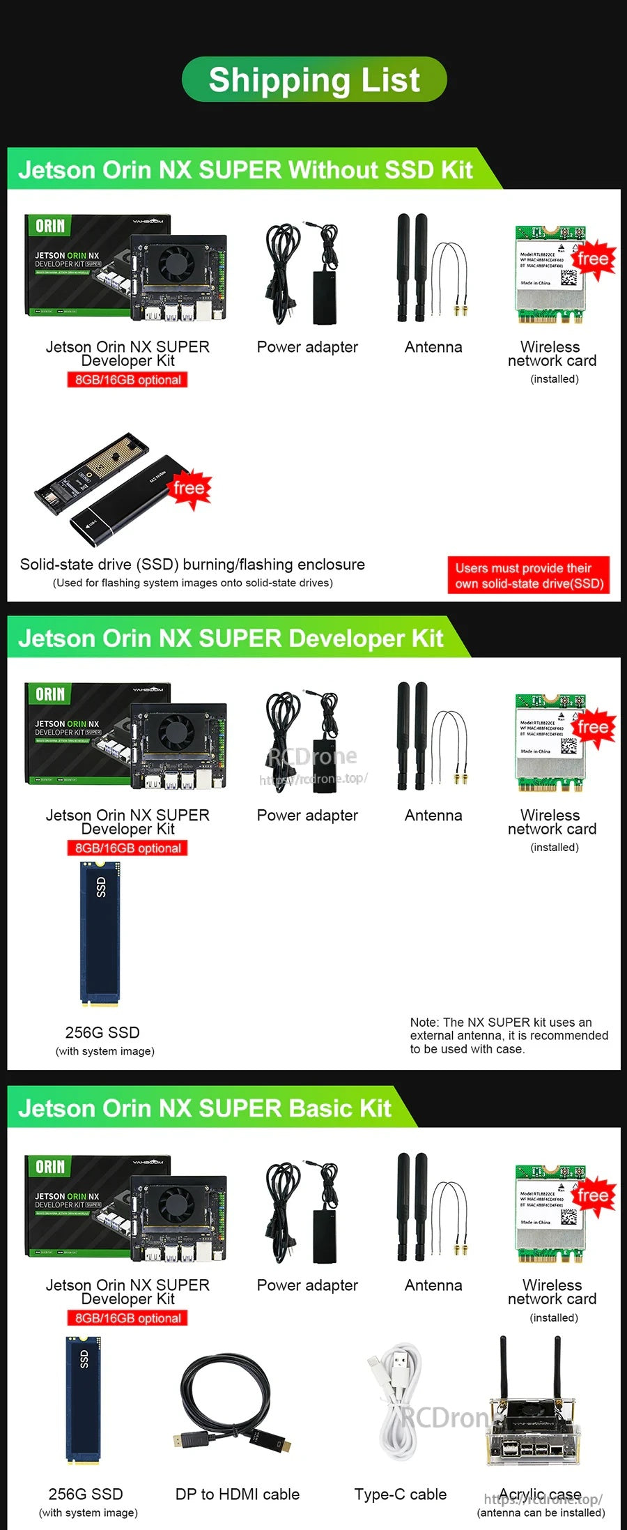 Shipping list for Yahboom Jetson Orin NX SUPER kits showing board, power adapter, antennas, Wi‑Fi card, and optional SSD/cables