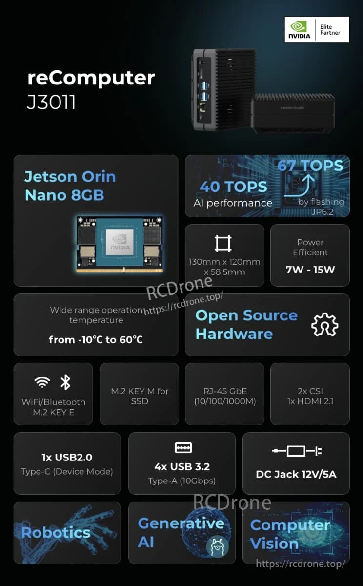 Jetson Orin Nano AI Computer, Jetson Orin Nano 8GB offers 40 TOPS AI, upgradable to 67 TOPS, low power, wide temp range, and rich I/O—ideal for robotics, generative AI, and computer vision.