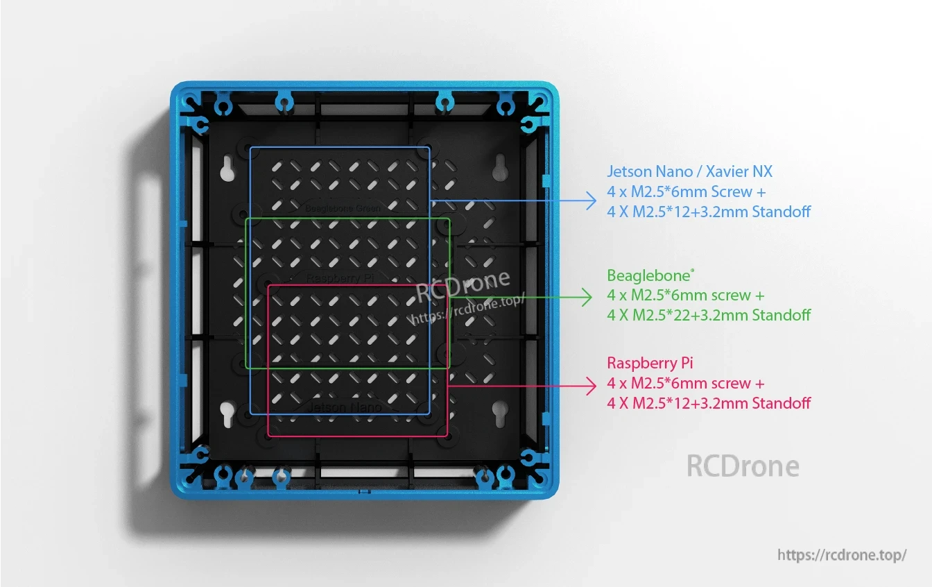 Jetson SUB Mini PC, Mounting guides for Jetson Nano/Xavier NX, Beaglebone, and Raspberry Pi include screw and standoff specs for secure, compact enclosure installation.