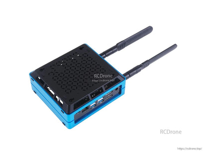Jetson SUB Mini PC V2 features a blue aluminum case, 128GB SSD, WiFi with dual antennas, fan cooling, JetPack 5.0.2, and multiple ports.