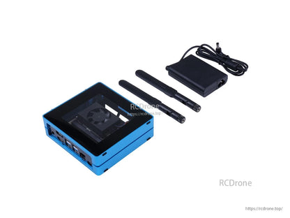 Jetson SUB Mini PC V2 features Xavier NX, 128GB SSD, aluminum case, fan, WiFi, JetPack 5.0.2, blue color, includes power adapter and antennas.