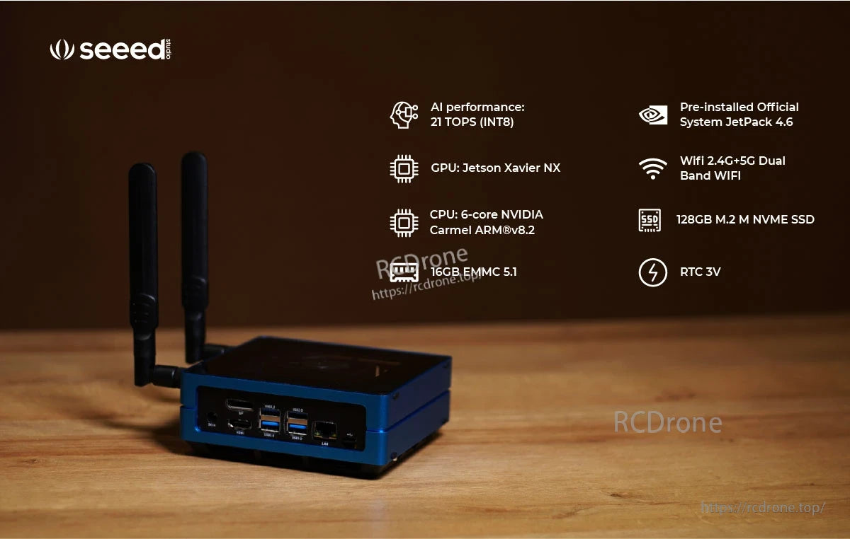 Jetson SUB Mini PC offers 21 TOPS AI performance, featuring Jetson Xavier NX GPU, 6-core CPU, 16GB EMMC, 128GB SSD, WiFi, JetPack 4.6, and RTC 3V.