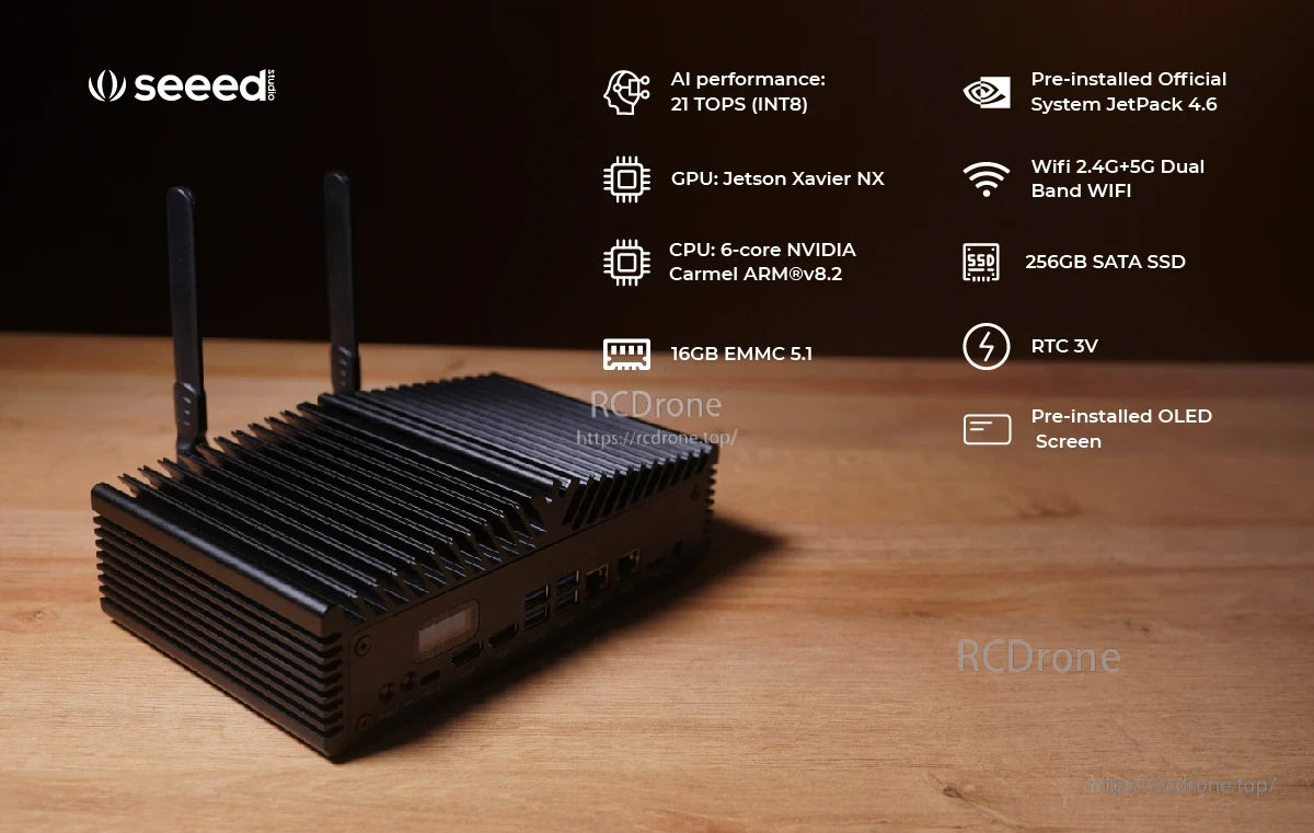 Jetson SUB Mini PC features 21 TOPS AI, Xavier NX GPU, 6-core CPU, 16GB eMMC, 256GB SSD, WiFi, OLED screen, RTC 3V, and comes with JetPack 4.6.