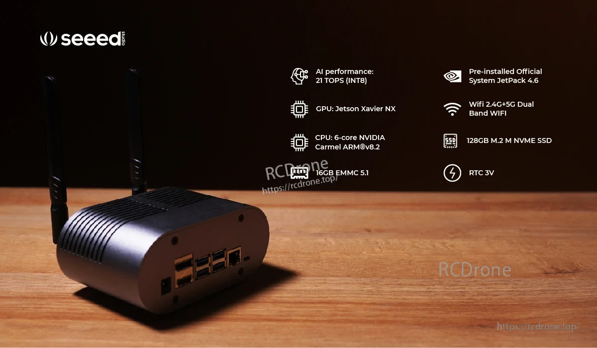 Jetson SUB Mini PC features 21 TOPS AI, Xavier NX GPU, 6-core CPU, 16GB eMMC, 128GB SSD, dual-band WiFi, RTC 3V, and comes with JetPack 4.6 pre-installed. (24 words)