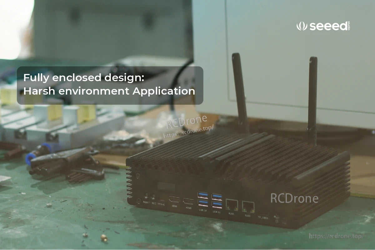 Jetson SUB Mini PC, Enclosed design with USB, HDMI, Ethernet, and antennas; built for industrial use in harsh environments.