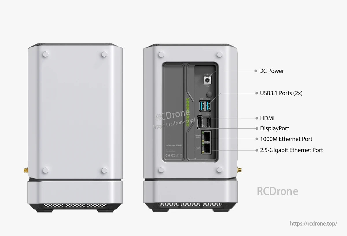 Jetson Xavier NVR features USB 3.1, HDMI, DisplayPort, and dual Ethernet ports for high-performance AI and edge computing applications.