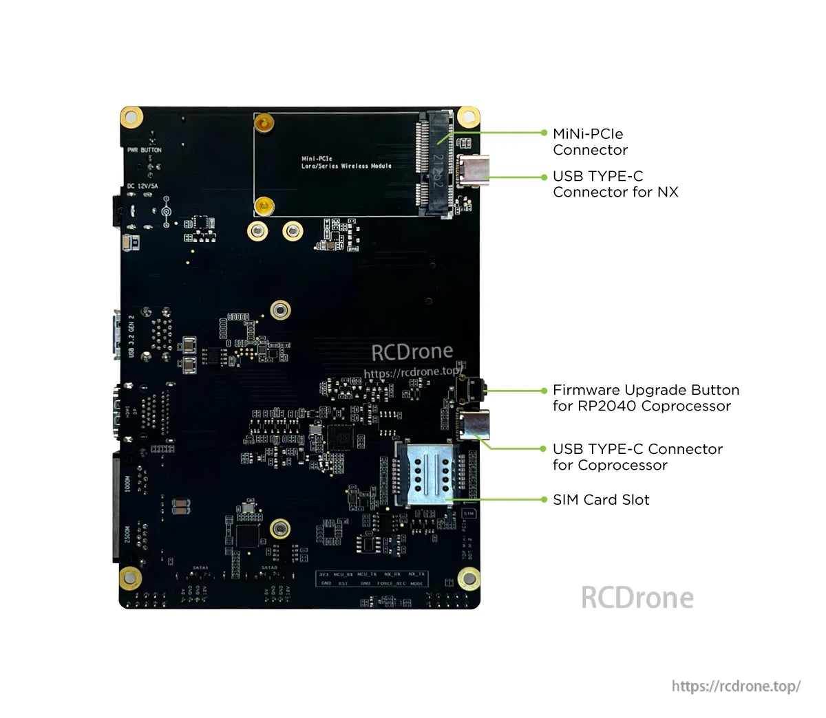 The Jetson Xavier NVR board features Mini-PCIe, USB Type-C, SIM slot, SATA, DC input, power button, and RP2040 firmware upgrade button for versatile connectivity and easy updates.