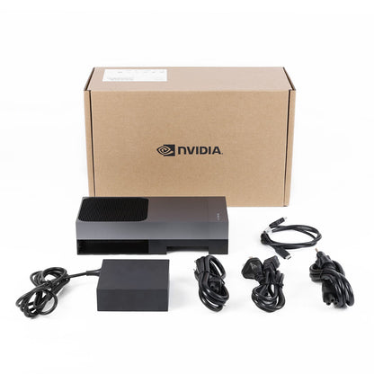NVIDIA Jetson AGX Thor Developer Kit with retail box, power adapter, and included cables on white