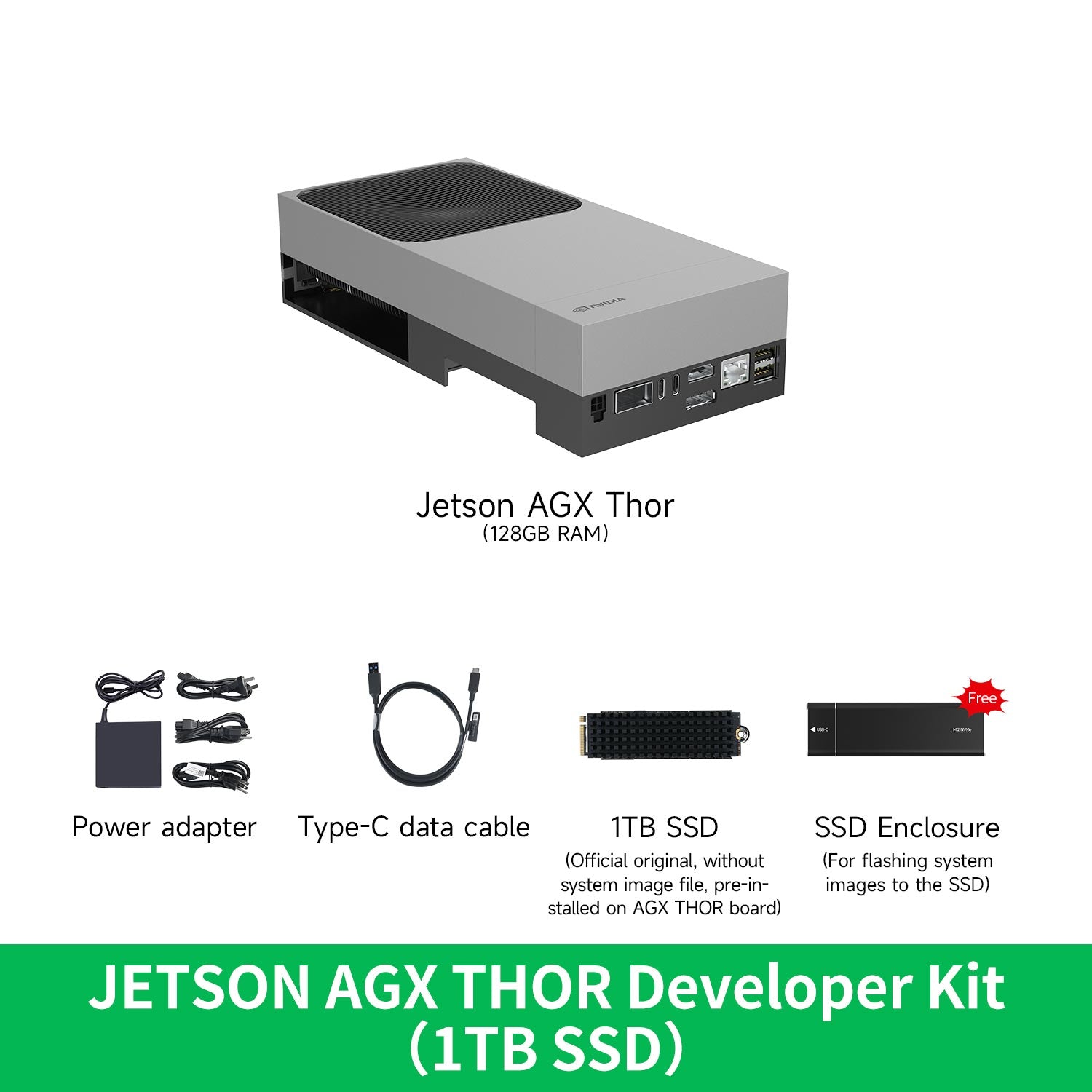 NVIDIA Jetson AGX Thor Developer Kit 1TB SSD bundle contents: power adapter, Type‑C cable, SSD, enclosure