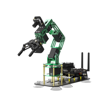 Yahboom DOFBOT 6-DOF AI vision robotic arm kit with gripper on base, Jetson Nano carrier board mounted