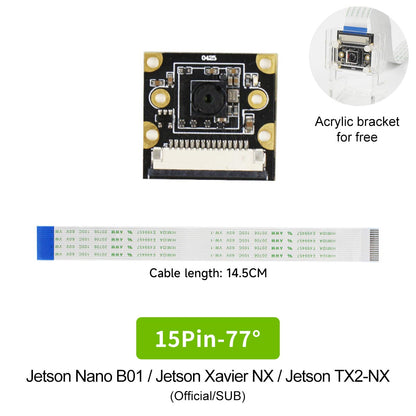 15-pin 77° camera kit contents: module, 14.5 cm ribbon cable, and acrylic bracket (Jetson Nano/Xavier NX/TX2-NX)