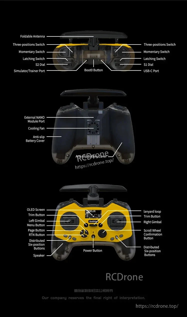 Jumper Bumblebee ELRS RC Transmitter, Jumper Bumblebee ELRS transmitter features foldable antenna, dual gimbals, OLED screen, and ergonomic design for improved control and usability.
