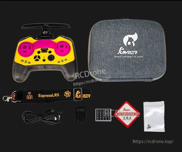 Jumper Bumblebee ELRS RC Transmitter, Jumper Bumblebee ELRS transmitter kit includes controller, case, lanyard, cable, battery, keypad, certificate, and spare parts.